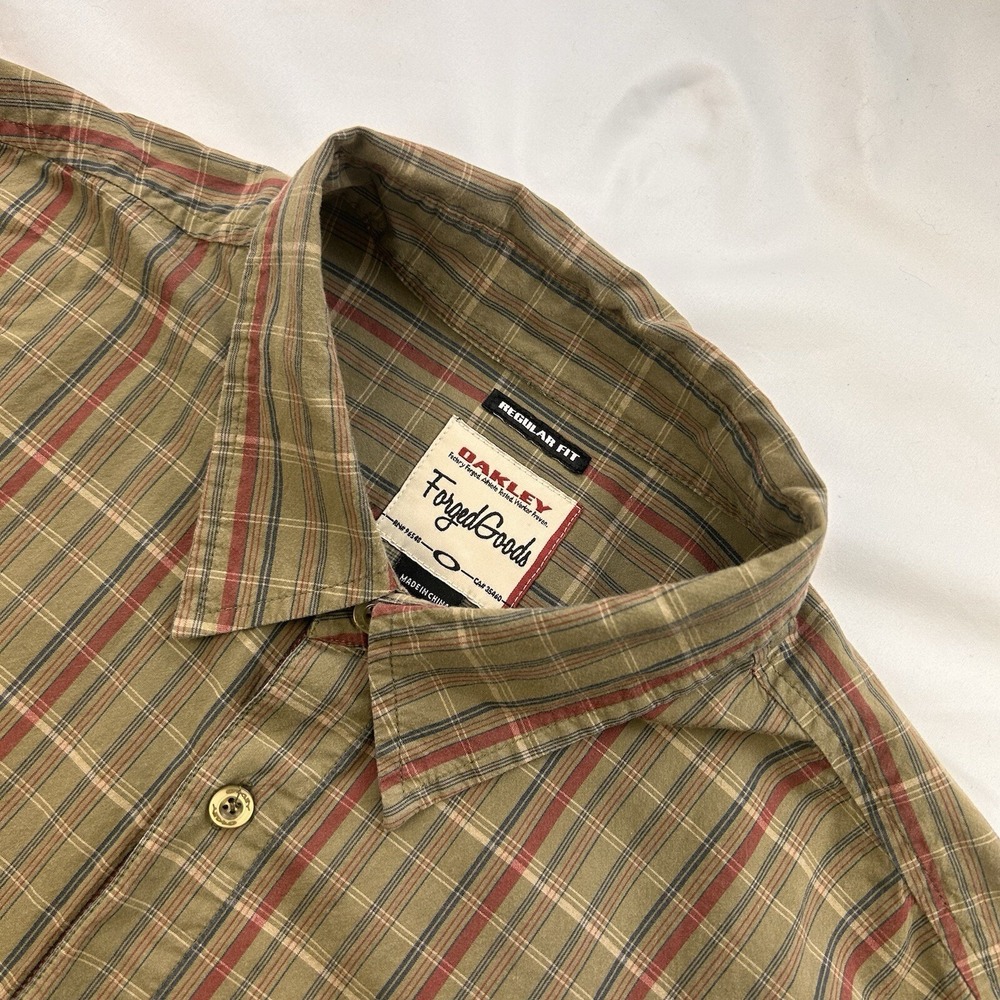 Oakley Forged Goods Green Burgundy Madras Cotton Short Sleeve Shirt XXL